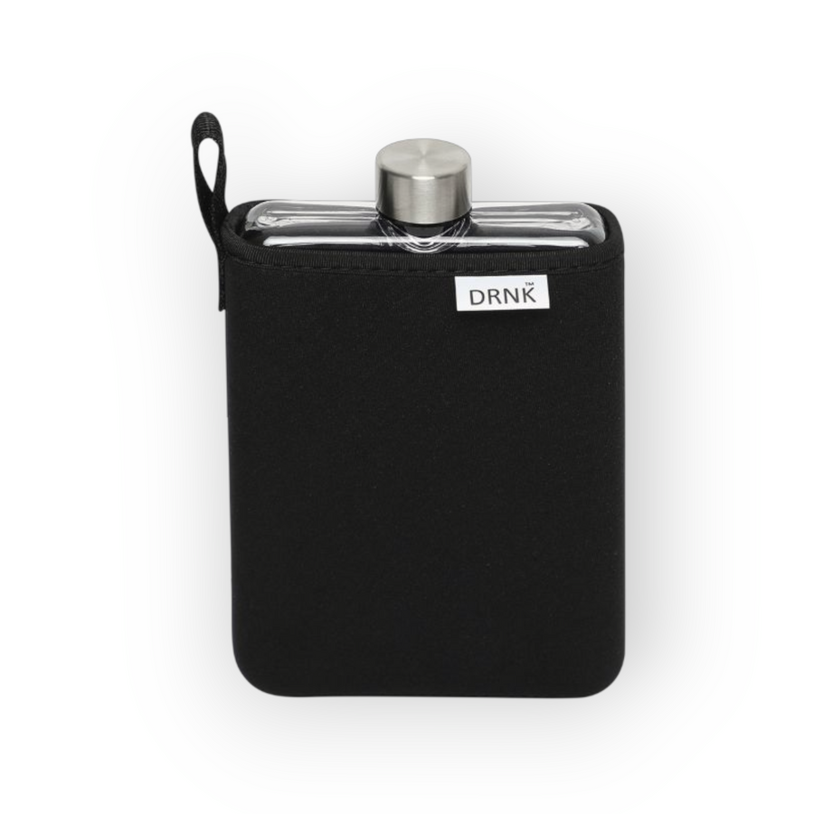 Black DRNK Slim flat Tritan plastic water bottle with black sleeve, back view