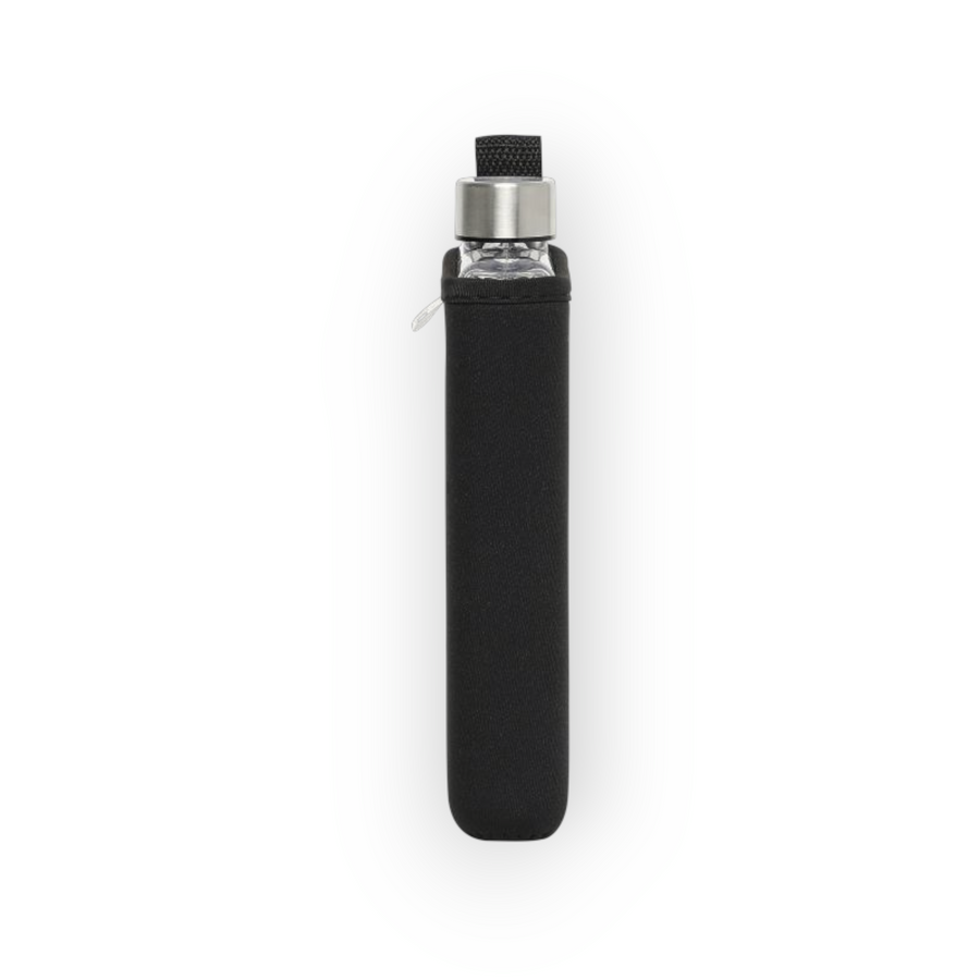 Black DRNK Slim flat Tritan plastic water bottle with black sleeve, side view