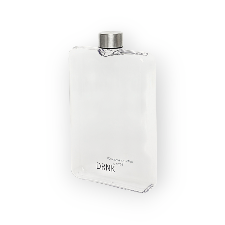 Clear DRNK Slim Tritan flat plastic water bottle without sleeve, front view