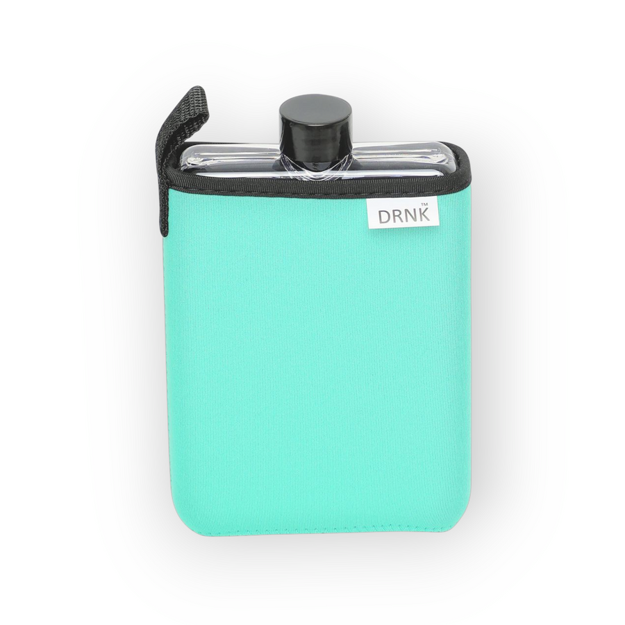 Tiffany DRNK Slim flat Tritan plastic water bottle with tiffany sleeve, back view