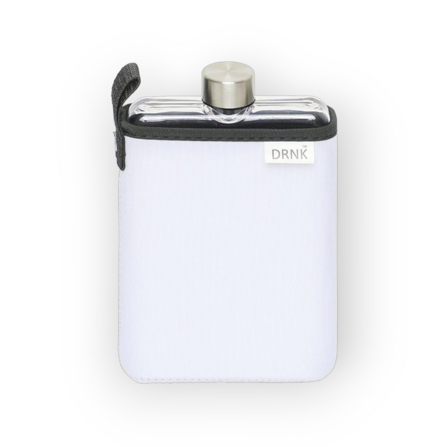 White DRNK Slim flat Tritan plastic water bottle with white sleeve, back view