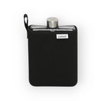 Black DRNK Slim flat Tritan plastic water bottle with black sleeve, back view