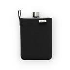 Black DRNK Slim flat Tritan plastic water bottle with black sleeve, front view