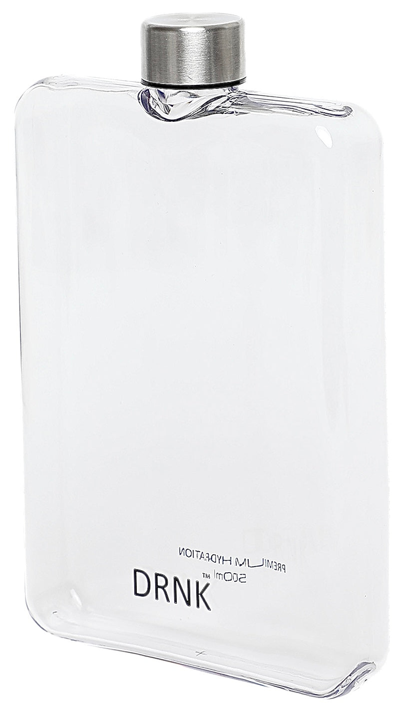 Clear DRNK Slim Tritan flat plastic water bottle without sleeve, front view