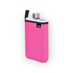 Fuchsia DRNK Slim flat Tritan plastic water bottle with fuchsia sleeve, angled view