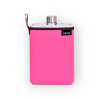 Fuchsia DRNK Slim flat Tritan plastic water bottle with fuchsia sleeve, front view
