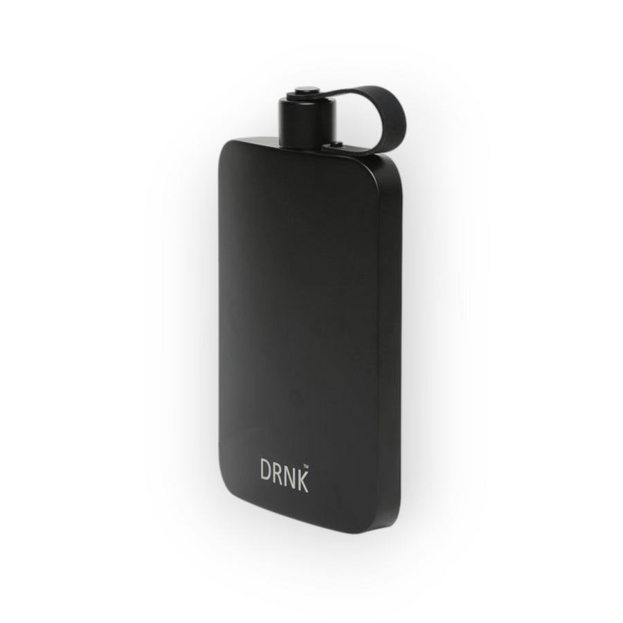 Graphite Black DRNK Slim flat stainless steel water bottle, angled view