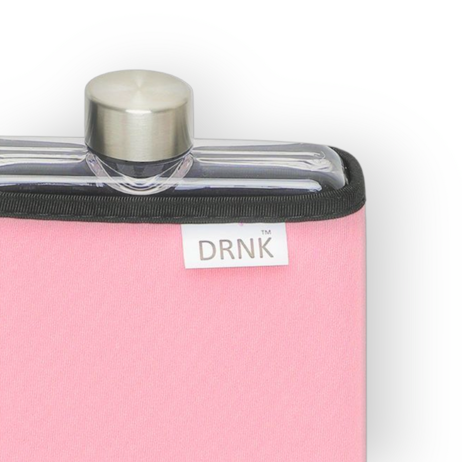Pink DRNK Slim flat Tritan plastic water bottle with pink sleeve, cap detail