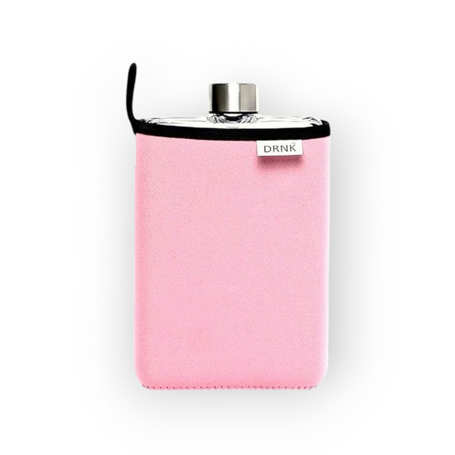 Pink DRNK Slim flat Tritan plastic water bottle with pink sleeve, front view