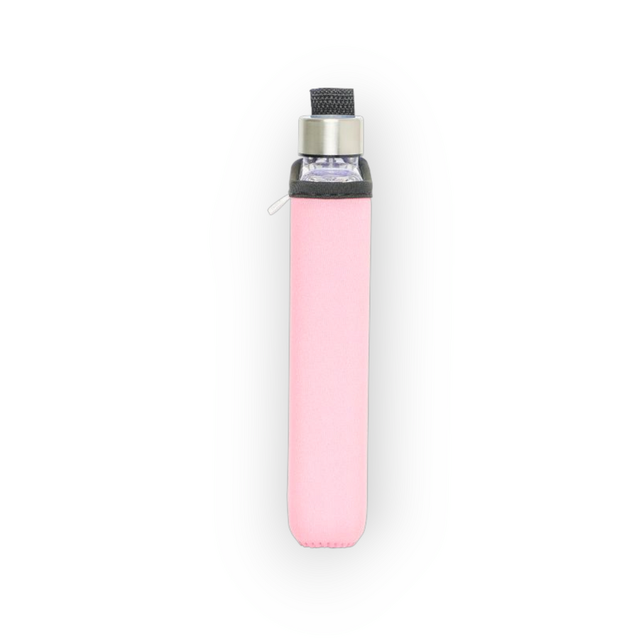 Pink DRNK Slim flat Tritan plastic water bottle with pink sleeve, side view