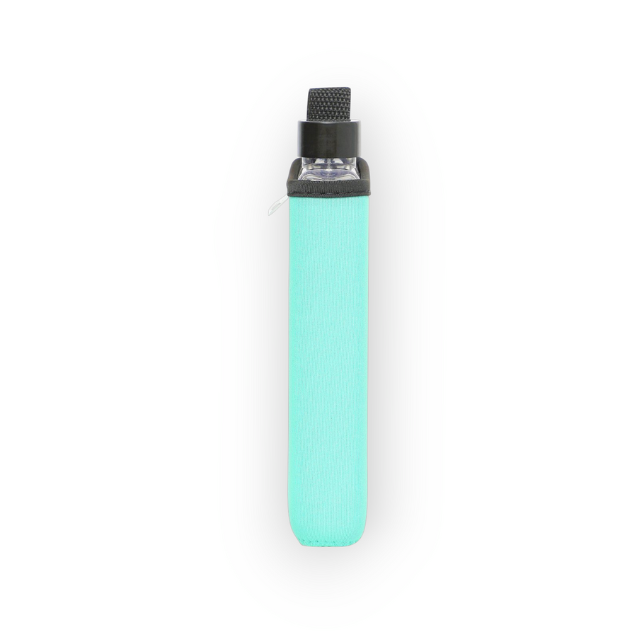 Tiffany DRNK Slim flat Tritan plastic water bottle with tiffany sleeve, side view