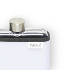 White DRNK Slim flat Tritan plastic water bottle with white sleeve, cap detail