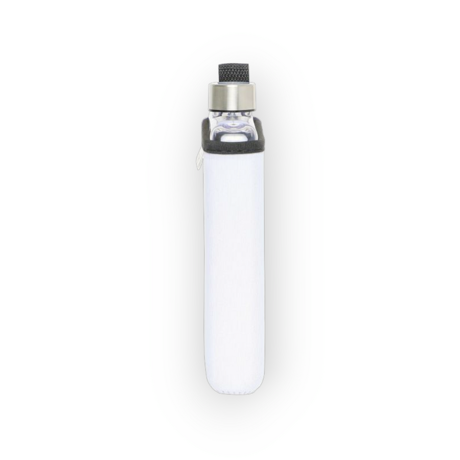 White DRNK Slim flat Tritan plastic water bottle with white sleeve, side view